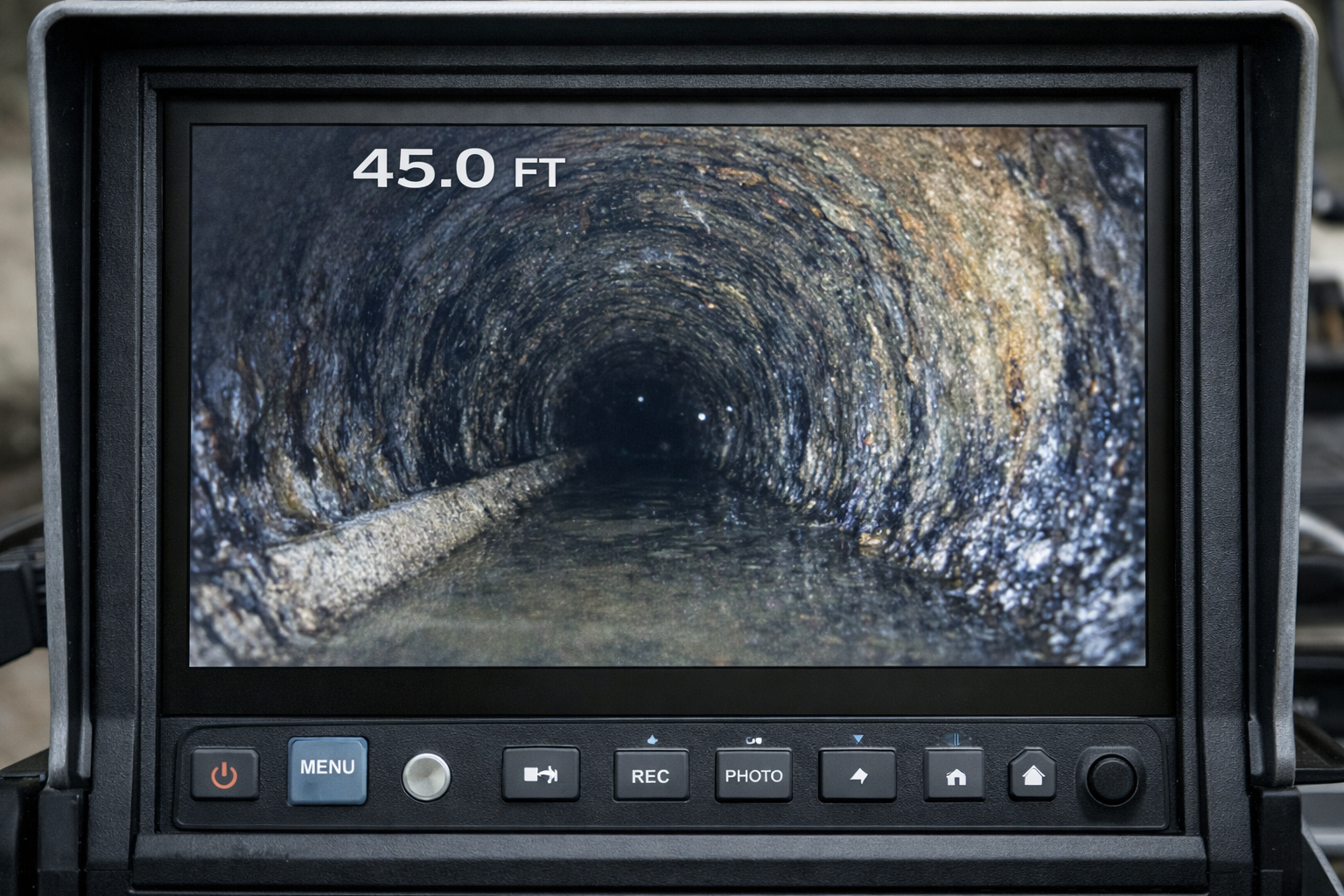 Sewer camera monitor displaying pipe interior with distance measurement during inspection