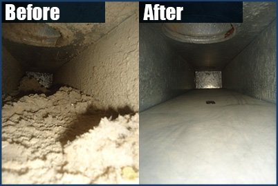 Inside HVAC duct showing heavy dust and debris buildup before cleaning