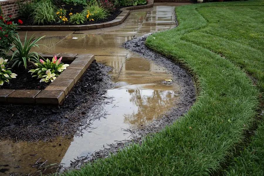 Rain-soaked foundation area after a storm linked to sewer odor symptoms in the home