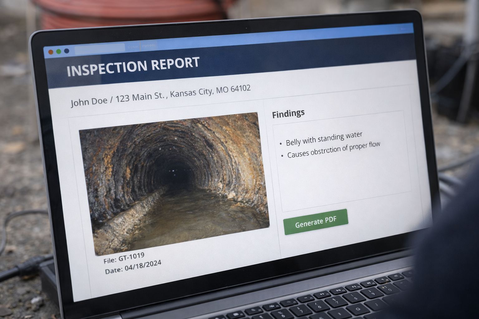 Inspector reviewing sewer camera inspection footage on laptop