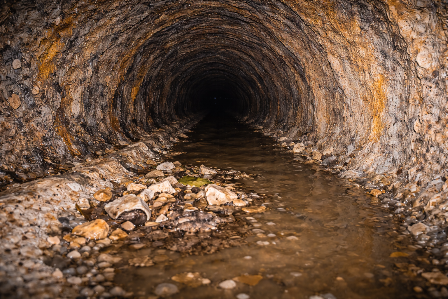 Debris accumulation inside sewer pipe belly causing blockage risk