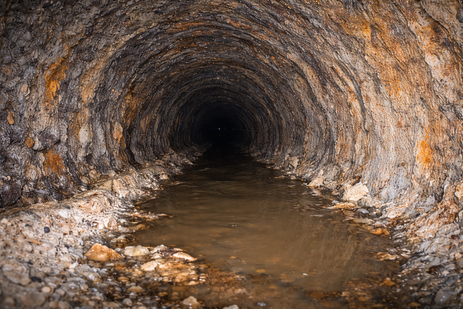 Camera view of sewer pipe interior showing standing water in belly