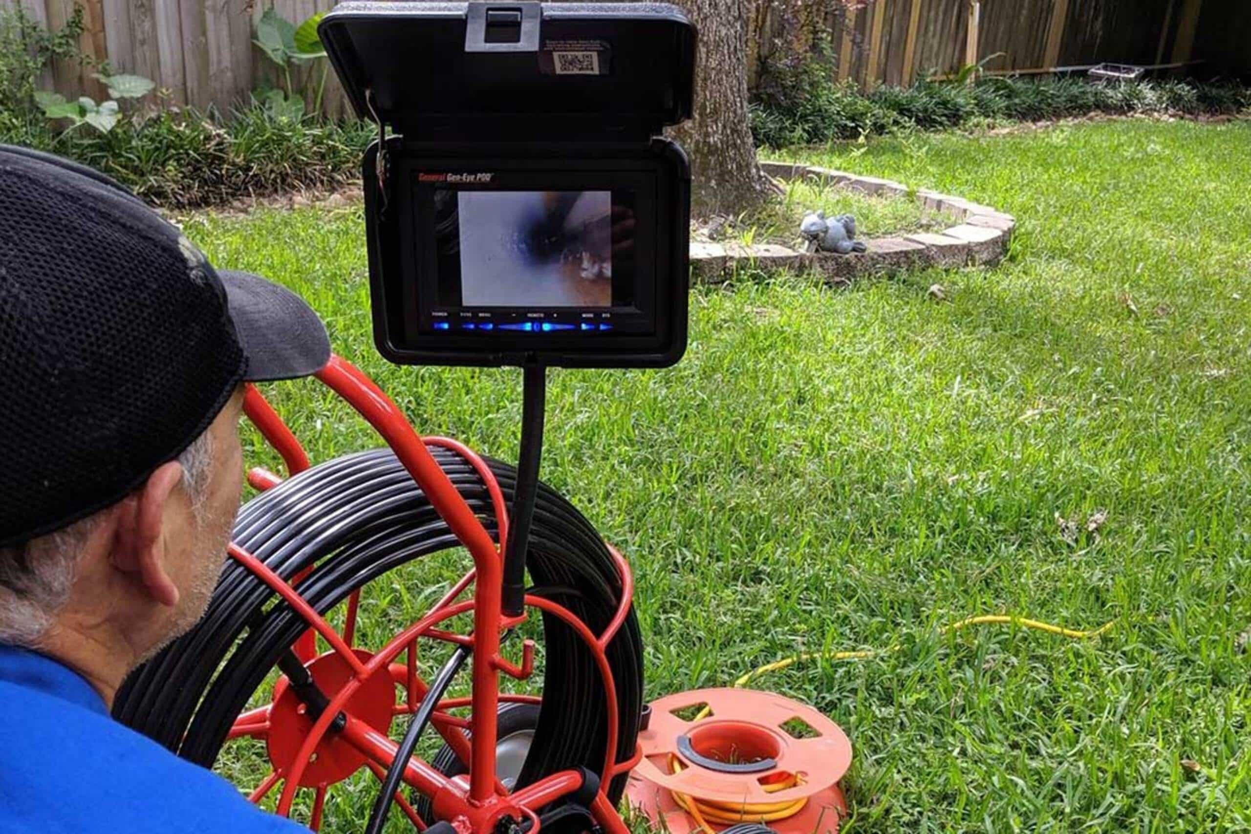 Sewer camera inspection monitor showing pipe footage and distance during a basement drain backup diagnosis